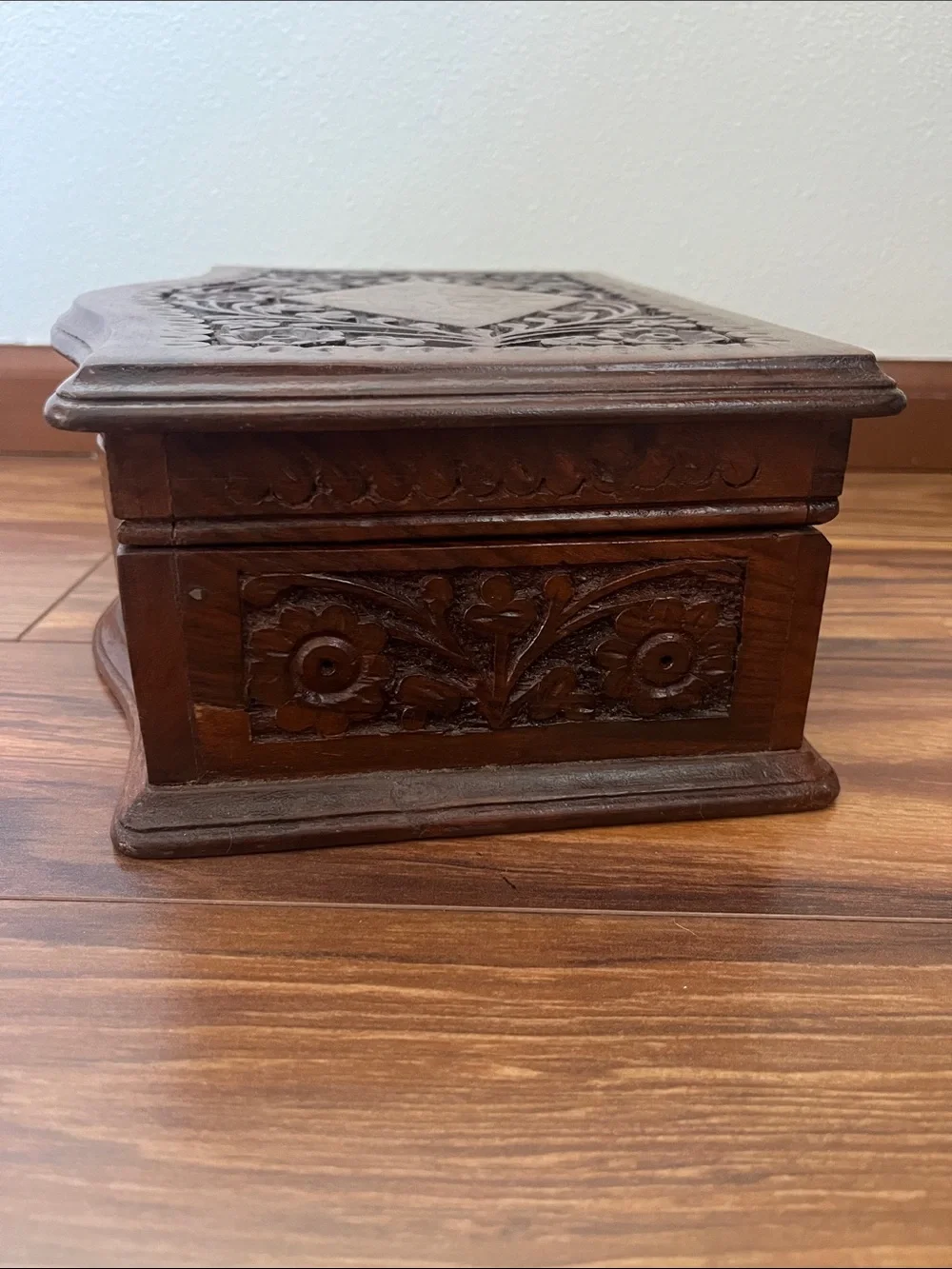 Hand-Carved Decorative Wooden Jewelry Box - Brown